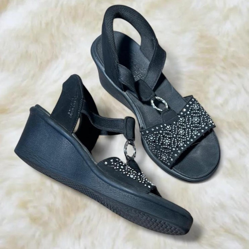 Skechers Y2K Black Rhinestone Slip-On Wedge Sandals Women 8
